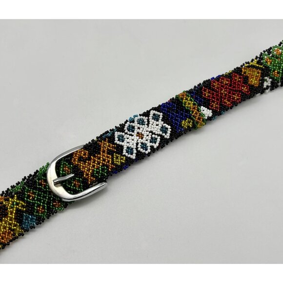 Vintage Artisan-Made Seed Beaded Belt Silver Buckle Red Cobalt Blue White Yellow main image 12
